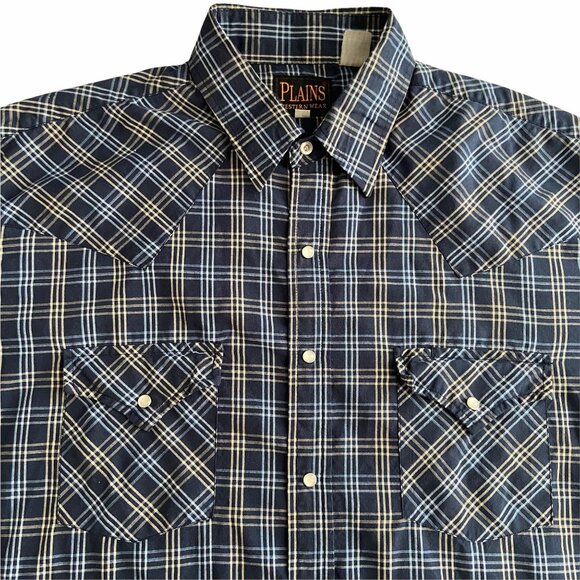 Vtg Plains Western Wear Pearl Snap Cowboy Shirt Sz L Blue Plaid LS Cowboycore - Picture 3 of 9